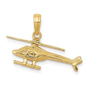14k Yellow Gold Small Travel 3-D Moveable Helicopter Necklace Charm Pendant